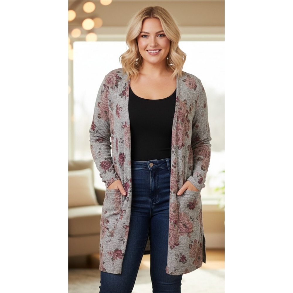 Signature Studio Floral Open Front Duster Cardigan Gray Size 2X